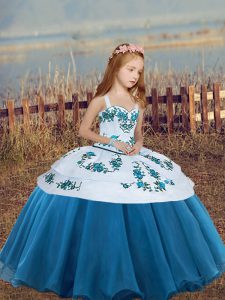 Embroidery Little Girls Pageant Dress Wholesale Blue Lace Up Sleeveless Floor Length