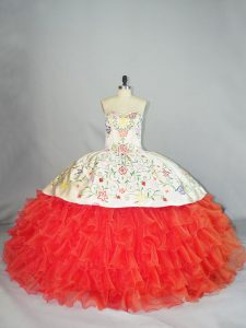 Customized Coral Red Lace Up Quince Ball Gowns Embroidery and Ruffles Sleeveless Floor Length