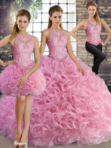 Excellent Sleeveless Floor Length Beading Lace Up Quinceanera Dresses with Rose Pink