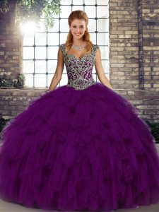 Top Selling Straps Sleeveless Organza Quinceanera Gown Beading and Ruffles Lace Up