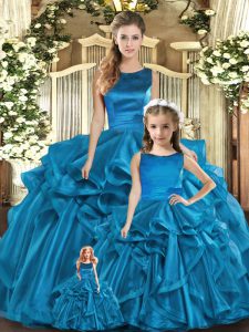 Teal Sweet 16 Dress Military Ball and Sweet 16 and Quinceanera with Ruffles Scoop Sleeveless Lace Up