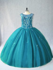 Customized Teal Scoop Lace Up Beading 15th Birthday Dress Sleeveless