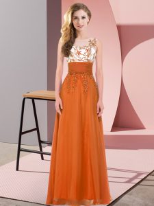 Dynamic Orange Red Empire Chiffon Scoop Sleeveless Appliques Floor Length Backless Vestidos de Damas