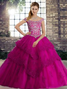 Nice Fuchsia Ball Gowns Tulle Off The Shoulder Sleeveless Beading and Lace Lace Up Quinceanera Gown Brush Train