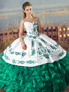Fashion Sleeveless Floor Length Embroidery and Ruffles Lace Up Quinceanera Gowns with Green