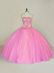 Romantic Pink Lace Up Strapless Beading Quinceanera Dress Tulle Sleeveless