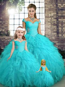 Dazzling Aqua Blue Ball Gowns Off The Shoulder Sleeveless Tulle Floor Length Lace Up Beading and Ruffles Quinceanera Gown