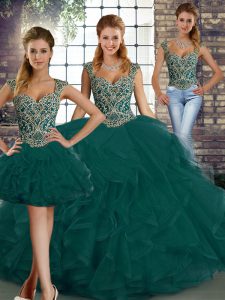 Dazzling Straps Sleeveless Quinceanera Dress Floor Length Beading and Ruffles Peacock Green Tulle