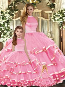 Low Price Ball Gowns Quinceanera Dress Pink High-neck Organza Sleeveless Floor Length Lace Up