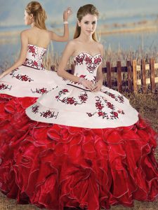Pretty Sweetheart Sleeveless Quinceanera Gowns Floor Length Embroidery and Ruffles White And Red Organza