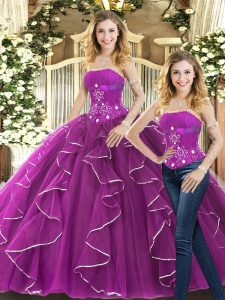 Purple Two Pieces Strapless Sleeveless Tulle Lace Up Beading and Ruffles Vestidos de Quinceanera