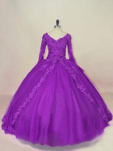 Pretty Floor Length Purple Quinceanera Dress V-neck Long Sleeves Lace Up