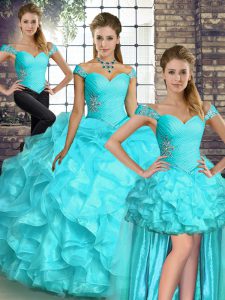 Amazing Aqua Blue Off The Shoulder Neckline Beading and Ruffles Quinceanera Gowns Sleeveless Lace Up