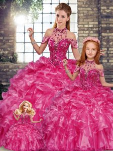 Fitting Fuchsia Lace Up Quinceanera Dress Beading and Ruffles Sleeveless Floor Length