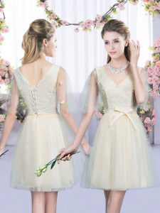 Beautiful Mini Length Empire Sleeveless Champagne Dama Dress for Quinceanera Lace Up