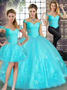 Aqua Blue Tulle Lace Up Quinceanera Gown Sleeveless Floor Length Beading and Appliques
