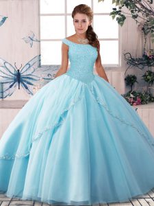 Great Lace Up Quinceanera Dresses Light Blue for Military Ball and Sweet 16 and Quinceanera with Beading Brush Train