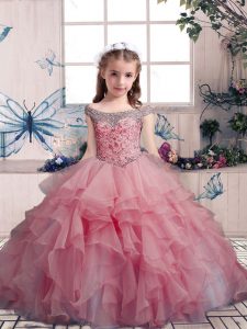 Lovely Beading and Ruffles Pageant Gowns For Girls Pink Lace Up Sleeveless Floor Length