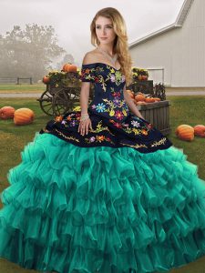 Off The Shoulder Sleeveless Lace Up Vestidos de Quinceanera Turquoise Organza