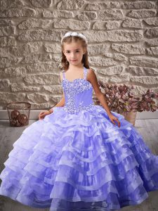 Attractive Sleeveless Lace Up Floor Length Ruffled Layers Kids Pageant Dress