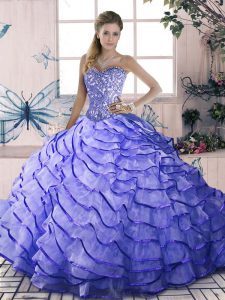 Dazzling Lace Up Sweet 16 Quinceanera Dress Lavender for Sweet 16 and Quinceanera with Beading and Ruffled Layers Brush Train