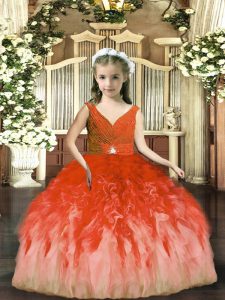 Rust Red Backless Little Girls Pageant Dress Wholesale Beading and Ruffles Sleeveless Floor Length