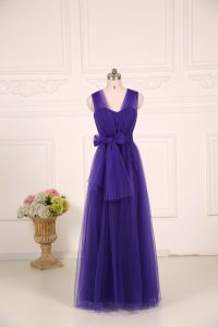 Empire Dama Dress for Quinceanera Purple Straps Tulle Sleeveless Floor Length Zipper