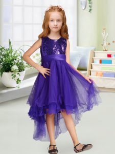 A-line Little Girls Pageant Dress Wholesale Purple Scoop Organza Sleeveless High Low Zipper