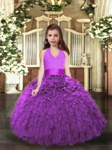 Halter Top Sleeveless Organza Girls Pageant Dresses Ruffles Lace Up