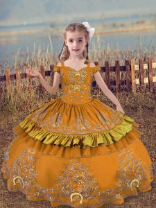 Ball Gowns Little Girl Pageant Gowns Brown Off The Shoulder Satin Sleeveless Floor Length Lace Up