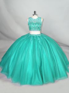 Custom Fit Turquoise Two Pieces Scoop Sleeveless Tulle Floor Length Zipper Beading 15th Birthday Dress