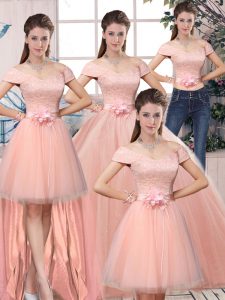 Floor Length Pink Sweet 16 Quinceanera Dress Off The Shoulder Short Sleeves Lace Up