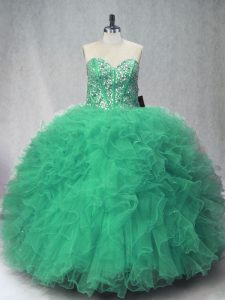 Superior Green Tulle Lace Up Sweet 16 Dresses Sleeveless Floor Length Beading and Ruffles