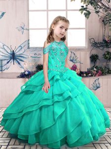 Turquoise Ball Gowns High-neck Sleeveless Organza Floor Length Lace Up Beading and Ruffled Layers Pageant Gowns For Girls
