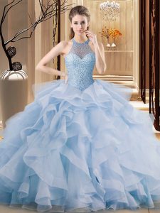 Latest Sleeveless Brush Train Beading and Ruffles Lace Up Sweet 16 Dress