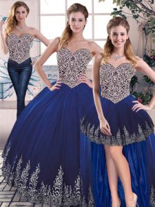 Royal Blue Three Pieces Sweetheart Sleeveless Tulle Floor Length Lace Up Embroidery Quince Ball Gowns