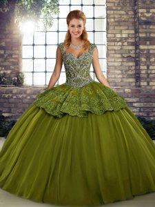 Discount Olive Green Sleeveless Tulle Lace Up Sweet 16 Dresses for Military Ball and Sweet 16 and Quinceanera