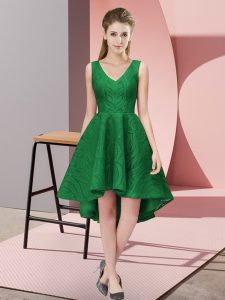 Fancy Dark Green V-neck Zipper Lace Damas Dress Sleeveless