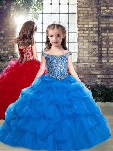 Blue Kids Formal Wear Party and Wedding Party with Beading Off The Shoulder Sleeveless Lace Up