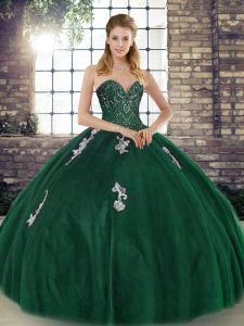 Stunning Sweetheart Sleeveless Sweet 16 Dress Floor Length Beading and Appliques Green Tulle