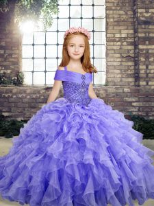 Sleeveless Floor Length Beading and Ruffles Lace Up Kids Pageant Dress with Lavender