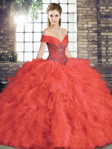 Coral Red Ball Gowns Beading and Ruffles Sweet 16 Dress Lace Up Tulle Sleeveless Floor Length
