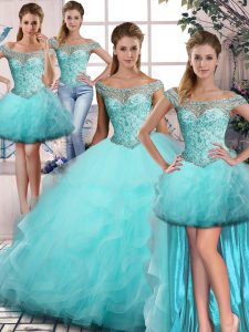 Sleeveless Tulle Floor Length Lace Up 15th Birthday Dress in Aqua Blue with Beading and Ruffles