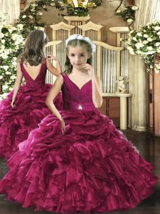 Hot Selling Fuchsia V-neck Backless Beading and Ruffles and Pick Ups Little Girls Pageant Dress Wholesale Sleeveless