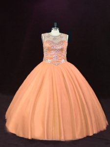 Beading Ball Gown Prom Dress Peach Lace Up Sleeveless Floor Length