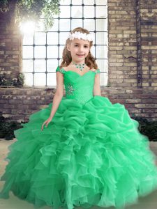 Straps Sleeveless Lace Up Kids Pageant Dress Apple Green Organza