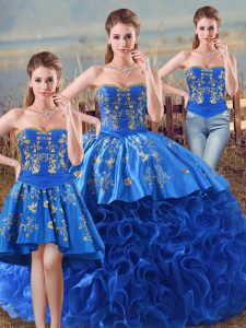 Graceful Royal Blue Lace Up Sweetheart Embroidery and Ruffles Quinceanera Dress Fabric With Rolling Flowers Sleeveless
