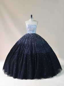 Spectacular Black Ball Gowns Strapless Sleeveless Tulle Floor Length Lace Up Beading 15th Birthday Dress
