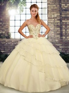 Light Yellow Lace Up Sweetheart Beading and Ruffled Layers Quinceanera Dresses Tulle Sleeveless Brush Train