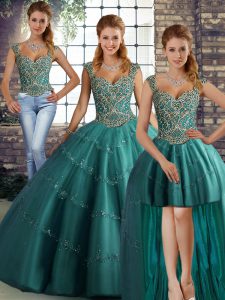 Classical Teal Three Pieces Tulle Straps Sleeveless Beading and Appliques Floor Length Lace Up Vestidos de Quinceanera